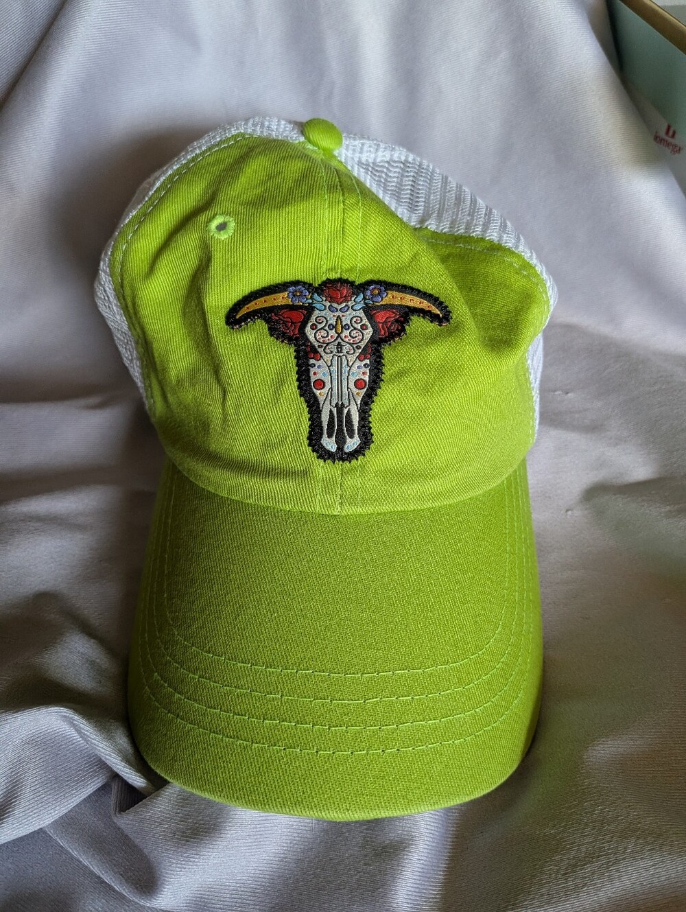 Houston Rodeo & Livestock Show Lime Green Snapback Ball Cap Sugar Skull Bull